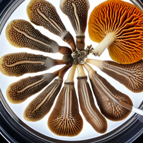 Home 4 **Image Prompt:** A vibrant close-up of various high-quality mushroom spores on a petri dish, showcasing different strains (e.g., oyster, shiitake) with clear labels, alongside a magnifying glass revealing their microscopic details. Focus on illustrating the "foundation of successful cultivation" aspect, emphasizing purity and reliability.